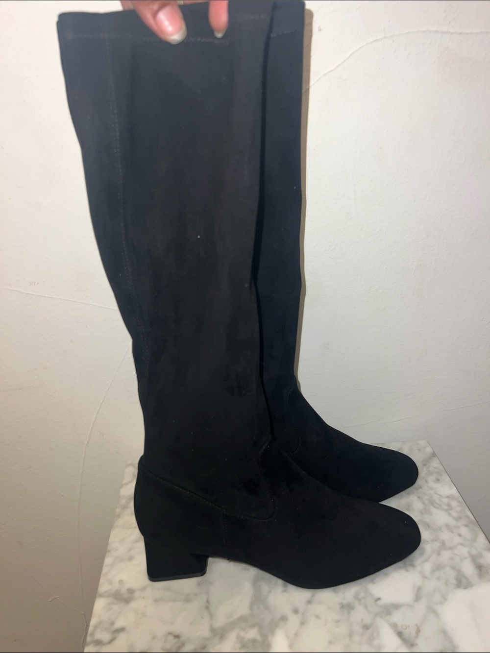 Vaneli Black Suade Knee-High Block Heel Boots